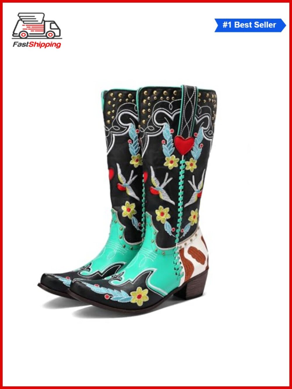 ✨ Floral Embroidered Cowgirl Knee High Boots Chunky Low Heel Wide Calf Pull On